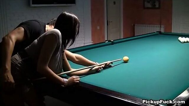 Horn made brunette hoe gets banged in doggy pose while bending over pool table