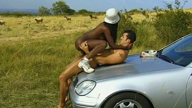 Lusty black whore got her anus destroyed hard by white guy outdoors