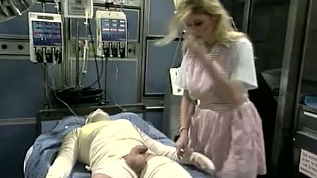 Really horny blond nurse rides bandaged patient's cock in the hospital