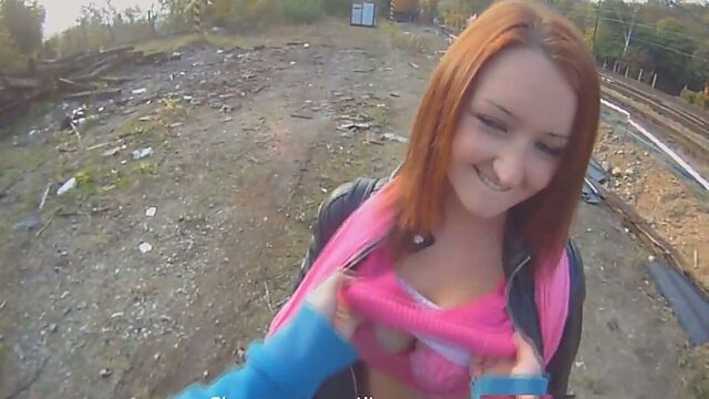 Perverted Russian chick provides strange dude with good blowjob outdoor