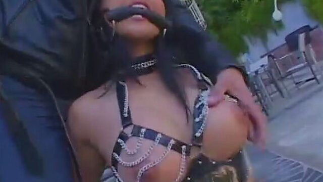 Submissive Asian busty chick in black stuff is chained and sucks strong dick