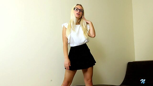Hot blondie in short skirt Polly B is jilling off yummy snatch