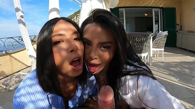 Two Stunning Slim Latina Beauties Astonish a Guy With a Flawless Double-blowjob On the Terrace