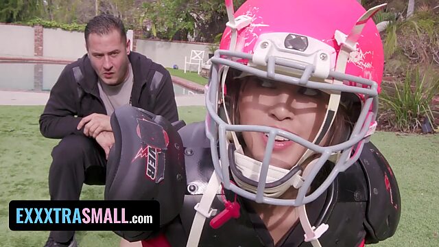 Asian American football fan pleased her coach with hot poses while fucking on the couch.