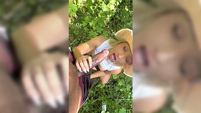 Lustful black stallion fucks a pretty young beauty outdoors and cums on her face