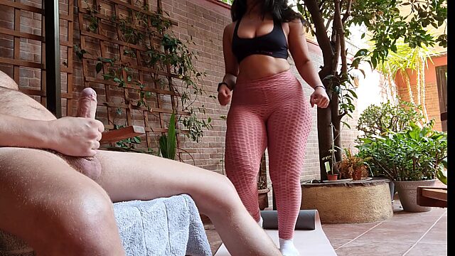 Perv stepdad jerks his cock while he's Indian curvy stepdaughter doing yoga