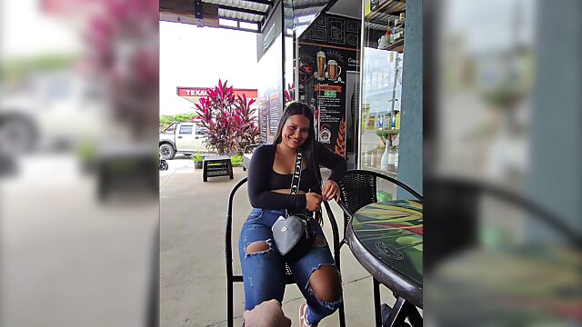 A guy pick up a slutty brunette girl at the cafe, she doesnt mind to give this gentleman a blowjob but for money