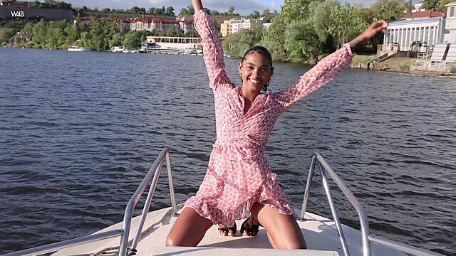 Sexy ebony girl masturbates in a yacht cabin. She teases her clit and moans in pleasure