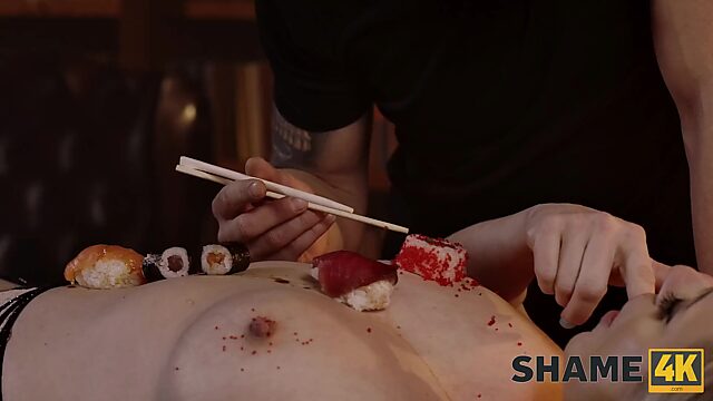 Food fetish and fuck with hot tattooed MILF Brittany Bardot on a desk