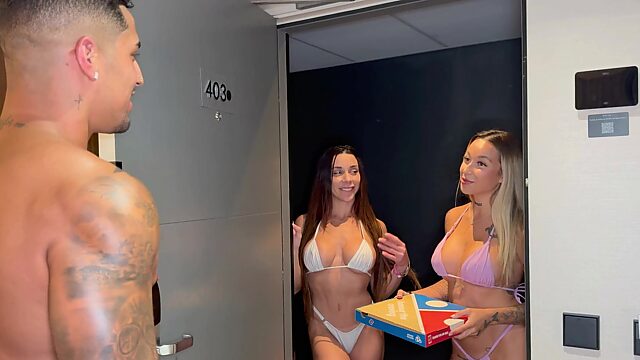 Two horny ladies invite a delivery guy to their bed