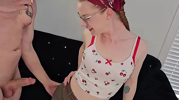 Perv wife is filming her husband fucking face of nerdy red haired teen in glasses