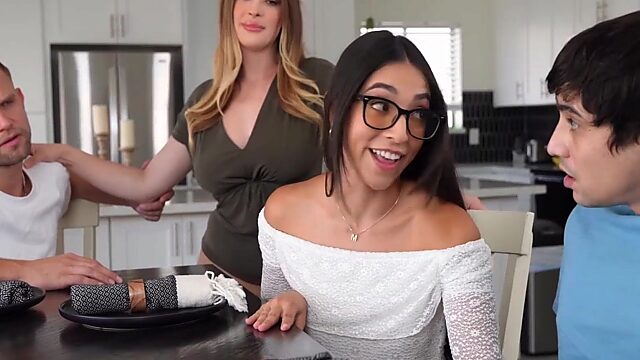 Wild step-family groupfuck with hot teen Latina and busty white MILF stepmom